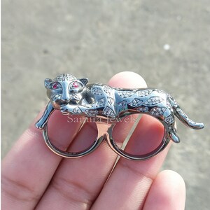 Vintage Style Pave Diamond Double Finger Panther Ring 925 Silver Gray Rhodium Leopard Ring Jewelry Gift for Her