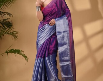 Beautiful raga tissue saree with tassels and Unstitched blouse. Free fall pico service. Free ship