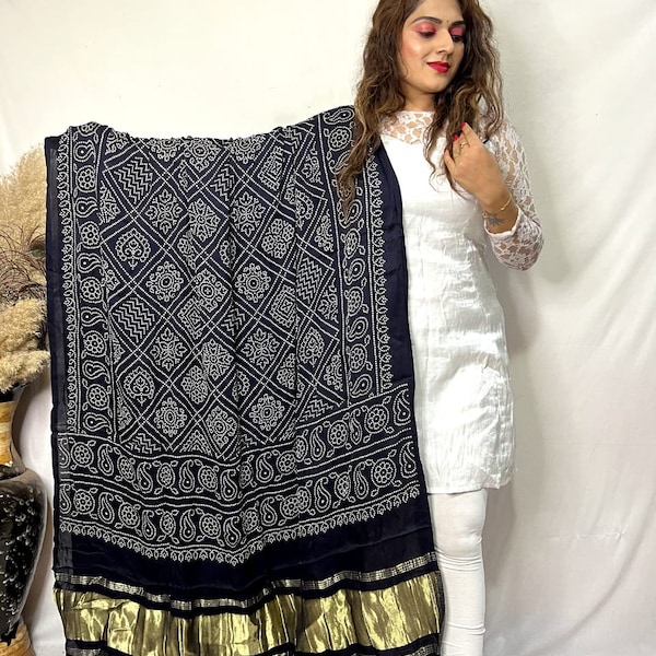 Bandhani print modal silk satin lagdi tissue pallu dupatta/stole for women. Traditional and elegant dupatta for weddings and festivals