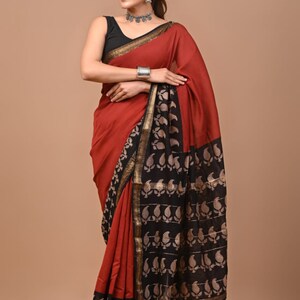 Black Maheshwari Cotton Silk Hand Block Printed Saree PW34 main image 1