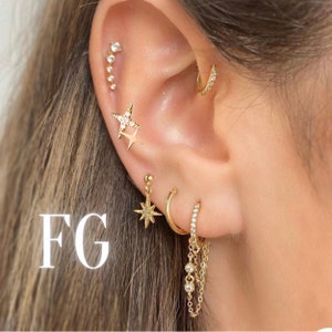 Gold Celestial Earring Set, Silver Cartilage Earrings, Dainty Chain Earring Set, Huggie Hoops, Everyday Earrings, Earring Stack,