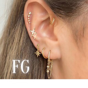 18K Gold Celestial Earring Set, Dainty Chain Dangle Earrings, Cartilage Earring Stack Everyday Earrings Silver Set Star Moon CZ Huggie Hoops