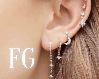 Silver Star Moon Earring Set, Earring Stack, Celestial Earring Set, Silver Dainty Chain Earrings, Everyday Earrings, Cartilage Hoop Set