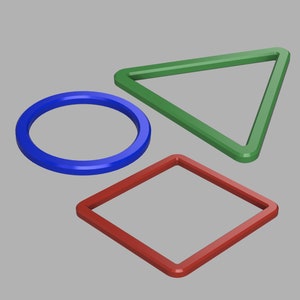 May include: Three geometric shapes: a blue circle, a green triangle, and a red square.