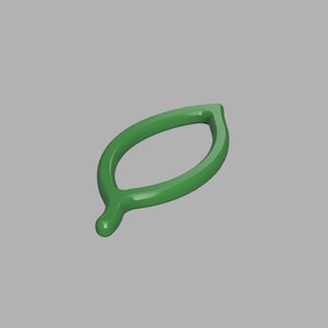 May include: A smooth, glossy, solid green leaf-shaped object with a pointed tip and a small, rounded stem-like protrusion at the base. The object features a hollow, open center, creating a continuous, rounded frame that mimics the outline of a leaf.