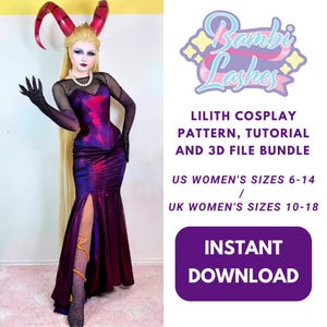 Könnte beinhalten: Eine Person in einem Lilith-Cosplay-Kostüm mit einem langen, lila und roten Kleid, schwarzen Handschuhen und einem gehörnten Kopfschmuck. Das Bild enthält Text mit der Aufschrift "Lilith Cosplay Pattern, Tutorial and 3D File Bundle" und "Instant Download".