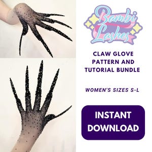 Könnte beinhalten: Ein transparenter Handschuh mit langen, spitzen, krallenartigen Fingern, verziert mit schwarzen und schillernden Kristallen. Text: Bambi Lashes, CLAW GLOVE PATTERN AND TUTORIAL BUNDLE, SIZES S-L, INSTANT DOWNLOAD. Das Design zeigt einen Verlauf aus schwarzen Kristallen.