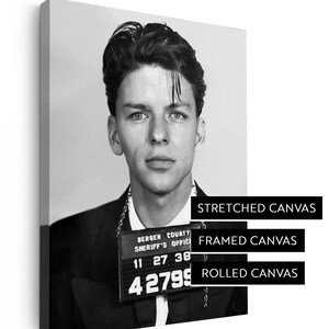May include: Black and white canvas print featuring a mugshot of a man. The image includes text labels for "Stretched Canvas", "Framed Canvas", and "Rolled Canvas". Below are examples of each canvas type.