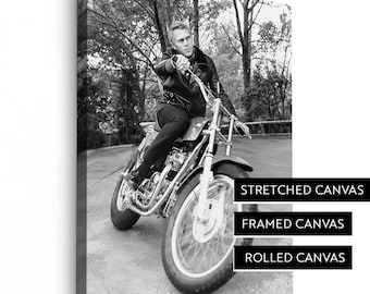Steve McQueen Canvas Print | on motorcycle Print 1976 - King of Cool | Stretched Canvas | Framed Canvas | Rolled Canvas