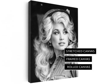 May include: Black and white portrait of a woman with long blonde hair, wearing a denim jacket and large hoop earrings. The image is displayed on a canvas with the text "STRETCHED CANVAS", "FRAMED CANVAS", and "ROLLED CANVAS" below the image.