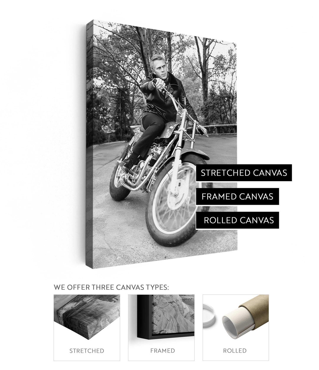 Steve Mcqueen Canvas Print on Motorcycle Print 1976 King of Cool