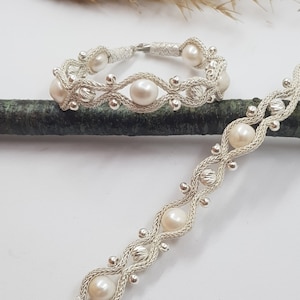 Sterling Silver Handknitted Women’s Chain Bracelet with Natural Pearls and 925 Silver Dorica Beads, Anniversary Gift, Bridesmaid Jewelry