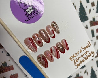 Santa Wavy Press-On Nails | Christmas Press-Ons | Hand-painted Gel Nails | Festive Nails