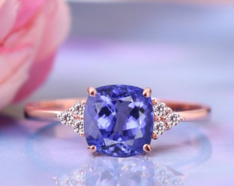 Cushion 7mm Tanzanite Engagement Ring, Rose Gold Wedding Ring Gifts