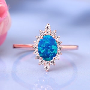 14K Blue Fire Opal Engagement Ring Oval Opal Wedding Rings Anniversary Gifts For Loved Ones Birthstone Ring Promise Rings Blue Opal Jewelry image 1