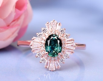 Green Teal Sapphire Wedding Ring Anniversary Gifts Rose Gold Engagement Rings Promise Ring Moissanite Cluster Bridal Rings Sapphire Jewelry