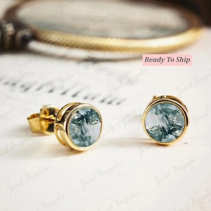Moss Agate Stud Earrings 14K Gold Minimalist Studs Handmade Jewelry Natural Moss Agate Studs Dainty Studs Gift For Her Birthday Gift