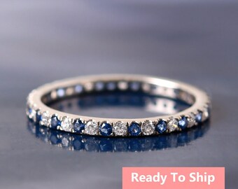 Blue Sapphire & Moissanite Full Eternity Band Ring 14K White Gold Wedding Jewelry