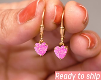 Natural Pink Opal Heart Dangle Earrings Unique 14K Yellow Gold Leverback Jewelry Gifts