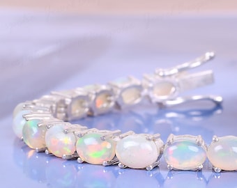 Pulseira de tênis com opala natural, prata de lei, joia com gema oval