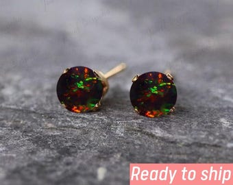 Natural Black Opal 14K Gold Stud Earrings, Round Opal Jewelry, Birthday Gifts