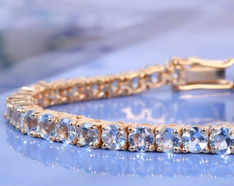 Round 4MM Natural Aquamarine Bracelet, 925 Sterling Silver, Birthstone Jewelry, Bracelet For Women, Yellow Gold Bracelet,Bridal Gift For Her