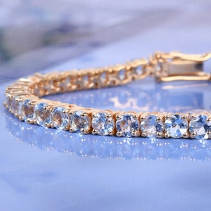 Round 4MM Natural Aquamarine Bracelet, 925 Sterling Silver, Birthstone Jewelry, Bracelet For Women, Yellow Gold Bracelet,Bridal Gift For Her
