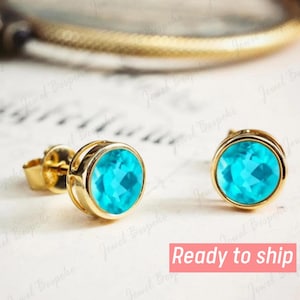 14K Gold Paraiba Turmalin Ohrstecker, Runder Schnitt (6 MM) Neon Blau Paraiba Schmuck Geschenke