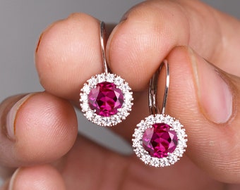 Round Created Ruby Halo Earrings, Gold Leverback, Bridal Jewelry Gifts For her