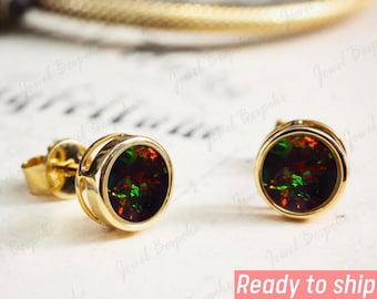 Genuine Australian Black Opal Earrings, 14K Gold Round 6MM minimalist Studs Wedding Jewelry