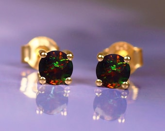 4MM Black Opal 14k Gold Earrings Vintage Art Deco Opal Jewelry Minimalist Studs Gifts