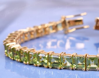 Square Cut Peridot Bracelet, Yellow Gold Bracelet, 4MM Bracelet, Line Bracelet, Anniversary Gifts For her, Peridot Bracelet Chain, jewelry