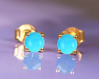 4MM Natural Turquoise Stud Earrings 14k Solid Gold Sleeping Beauty Jewelry Gifts
