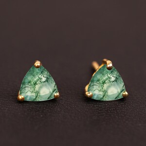 Natural Moss Agate Trilliant Earrings Unique Earring Studs Handmade Jewelry Green Studs Gift For Daughter Birthday Gifts Solitaire Earring