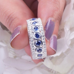 Blue Sapphire Full Eternity Band Moissanite Double Halo Ring Sapphire Round Twist band 14K White Gold Wedding EngagementRing Bridesmaid Gift