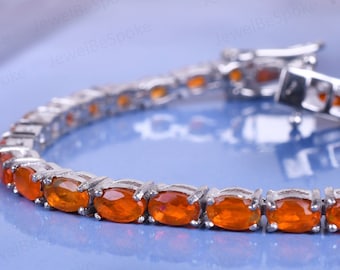 Fire Opal Bracelet, 925 Sterling Silver Tennis Bracelet
