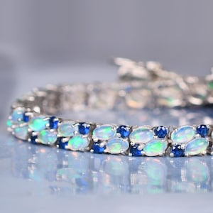 Opal & Blue Sapphire Tennis Bracelet Double Line Bridal Jewelry Wedding Bridal Ring Gifts