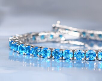 Swiss Blue Topaz Bracelet, White Gold Bridal Tennis Bracelets Topaz Jewelry