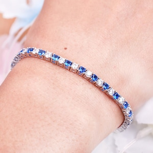 Blue Sapphire Moissanite Bracelet, Sterling Silver Tennis Bracelet