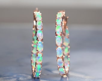 Natural Opal Hoop Earring Dangle Earring Art Deco Earing Bridal Wedding Gifts Rose Gold Earring Opal Jewelry Oval Cut Opal Wedding Gift
