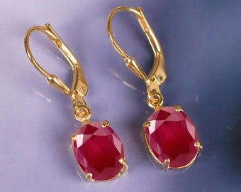 Natural Ruby Drop Earrings: Yellow Gold Sterling Silver Leverback