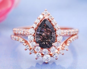 Natural Black Rutilated Quartz Ring 2PC Engagement Ring Set Tear Drop Rutile Ring Wedding Anniversary Promise Ring Curved Band Ring 14K Ring