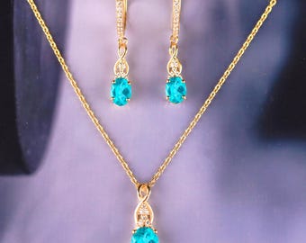 Paraiba blauwe toermalijn sieradenset hanger en diamanten hangoorbellen, 14K vergulde bruidssieraden, blauw huwelijkscadeau voor haar