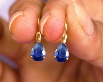 Natural Blue Sapphire Earring 14K Yellow Gold Leverback Pear Dangle and Drop Sapphire Jewelry