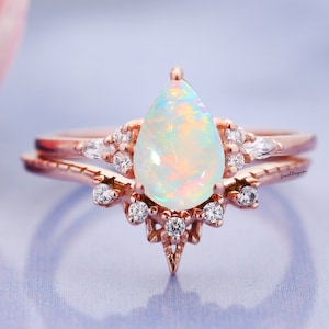 Natural Ethiopian Opal Ring Set 2 PC Opal Engagement Ring Set Curved Moissanite Band Ring Art Deco Opal Ring Rainbow Fire Opal Gift For Her