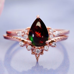 14K Gold Black Opal Engagement Ring Set 2PC Anniversary Wedding Promise Ring Tear Drop Black Opal Ring Gift For Her Vintage Art Deco Ring