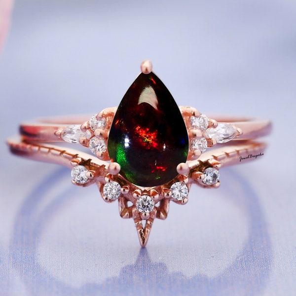 14K Gold Black Opal Engagement Ring Set 2PC Anniversary Wedding Promise Ring Tear Drop Black Opal Ring Gift For Her Vintage Art Deco Ring