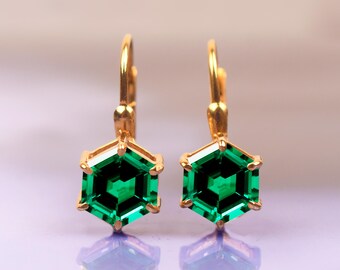 Green Emerald Hexagon Dangle Earrings, Sterling Silver Lever Back