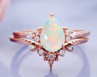 Natural Ethiopian Opal Ring Set 2 PC Opal Engagement Ring Set Curved Moissanite Band Ring Art Deco Opal Ring Rainbow Fire Opal Gift For Her