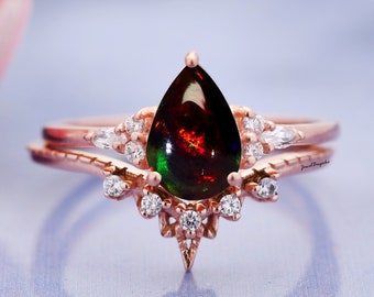 14K Gold Black Opal Engagement Ring Set 2PC Anniversary Wedding Promise Ring Tear Drop Black Opal Ring Gift For Her Vintage Art Deco Ring